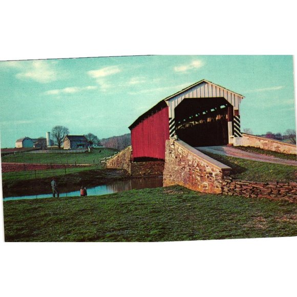 Heart Of Dutchland Bowers Covered Bridge Postcard Travel Souvenir Unposted Amish - Picture 1 of 2